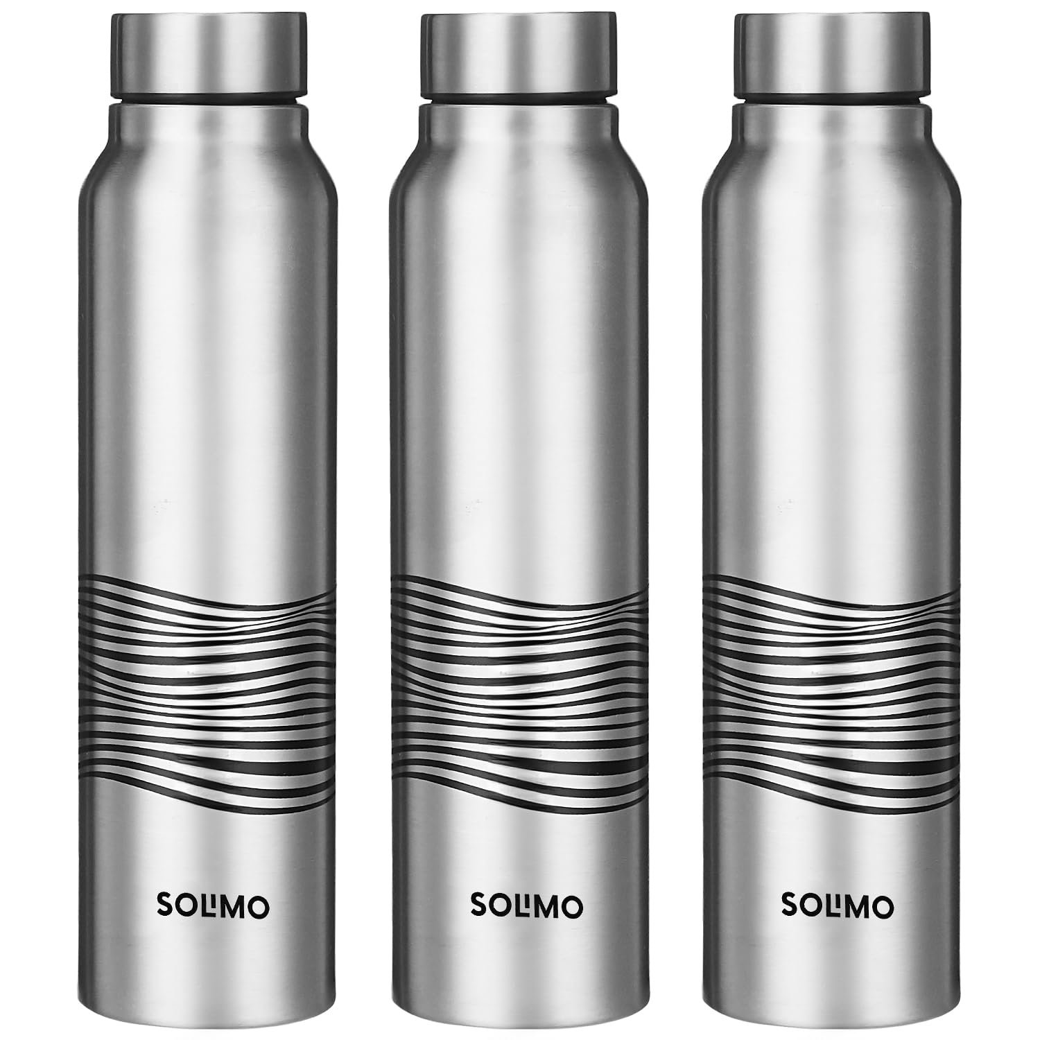 Amazon Brand - Solimo Stainless Steel Bottles (Set of 3) | 970ml Each | 100% Food-Grade | BPA-Free Cap | | Leak & Spill Proof | Ergonomic Grip | For Home & Office Use (Stainless Steel Finish)