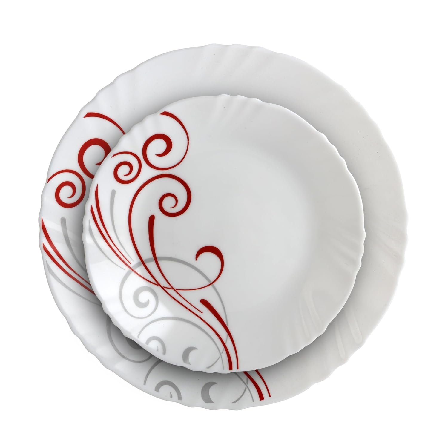 Cello Opalware Imperial Series Red Swirl 33 Pieces Dinner Set | Opal Glass Crockery for 6 | Bone Ash-Free, Lightweight, Elegant White Plate & Bowl Set |Opalglass Dinner Set for Daily Use & Gif