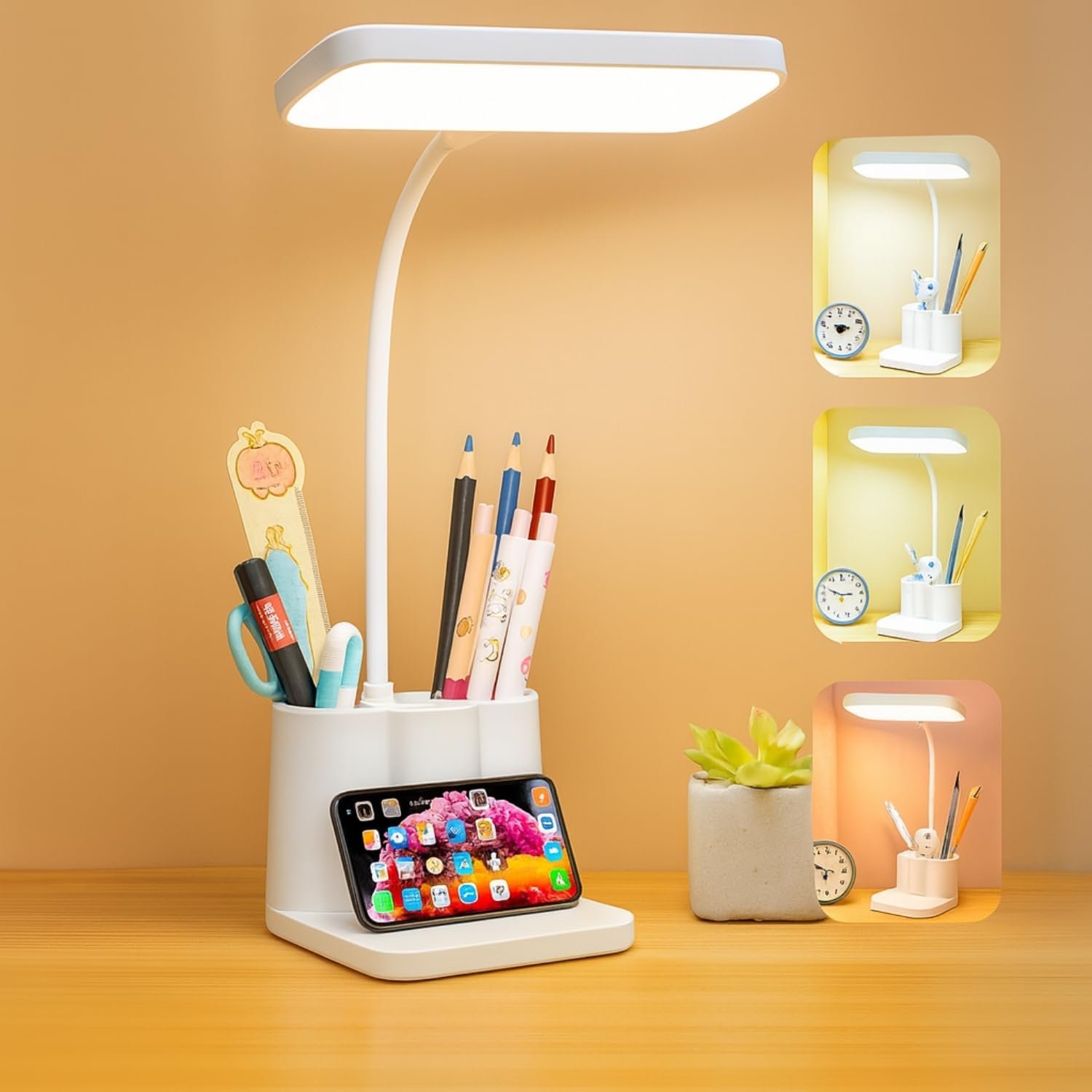 Kian 3-in-1 LED Desk Lamp with Pen & Phone Holder – USB Rechargeable Study Lamp with Touch Sensor, 3 Light Modes, Eye Protection & Warm White, Office & Home(Pack of 1)