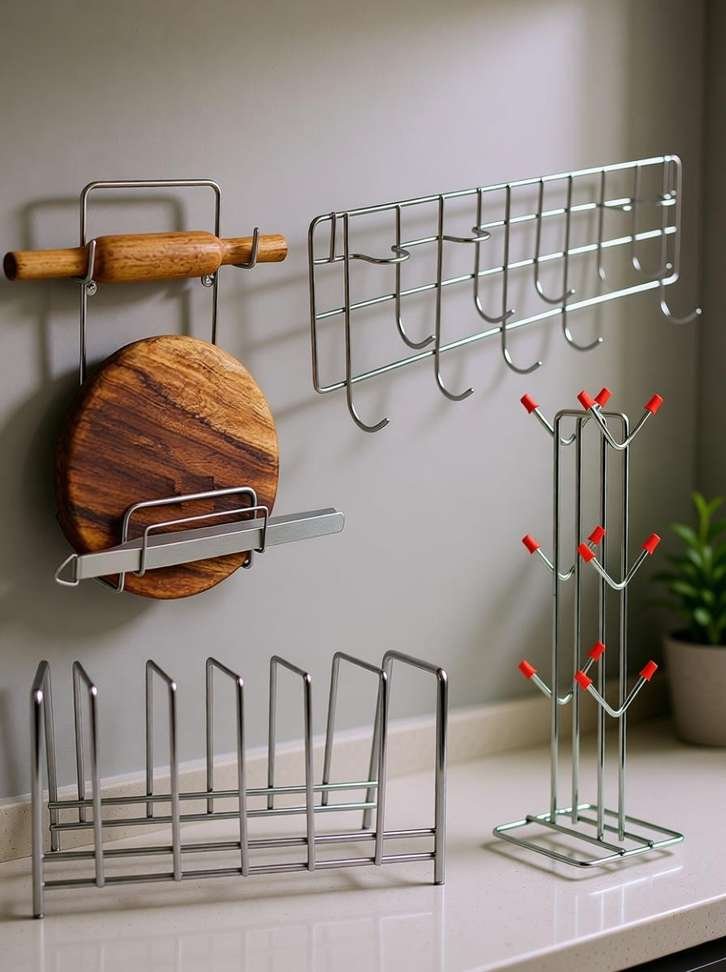 JISUN Stainless Steel Plate Stand & Cup Stand & Chakla Belan Stand & Hook Rail Silver Utensil Kitchen Rack Price in India - Buy JISUN Stainless Steel Plate Stand & Cup Stand & Chak