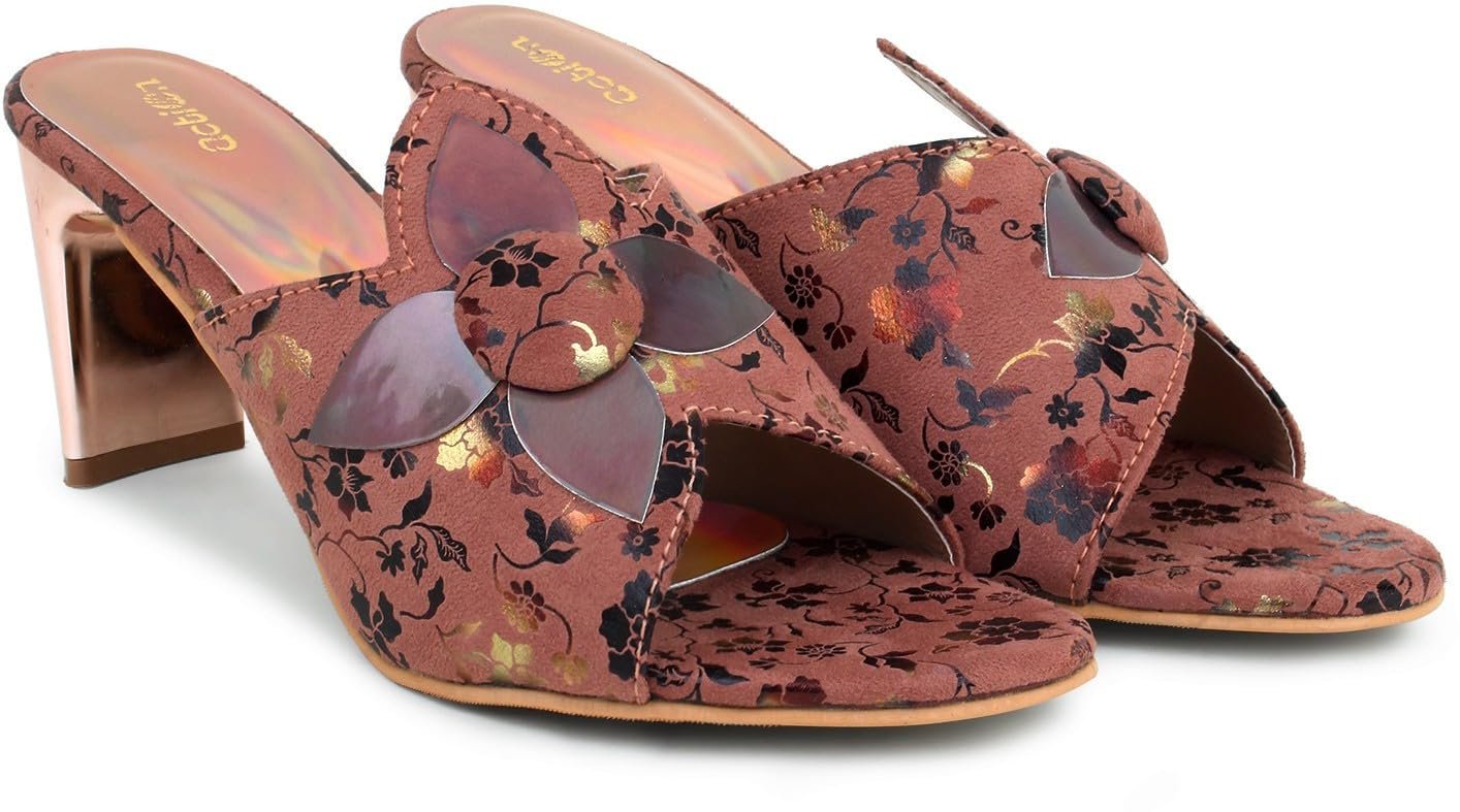 Action Women's Floral Suede Mules| Black with Peach Flower Appliqué| Gold-Tone Heel_Dark_Brown