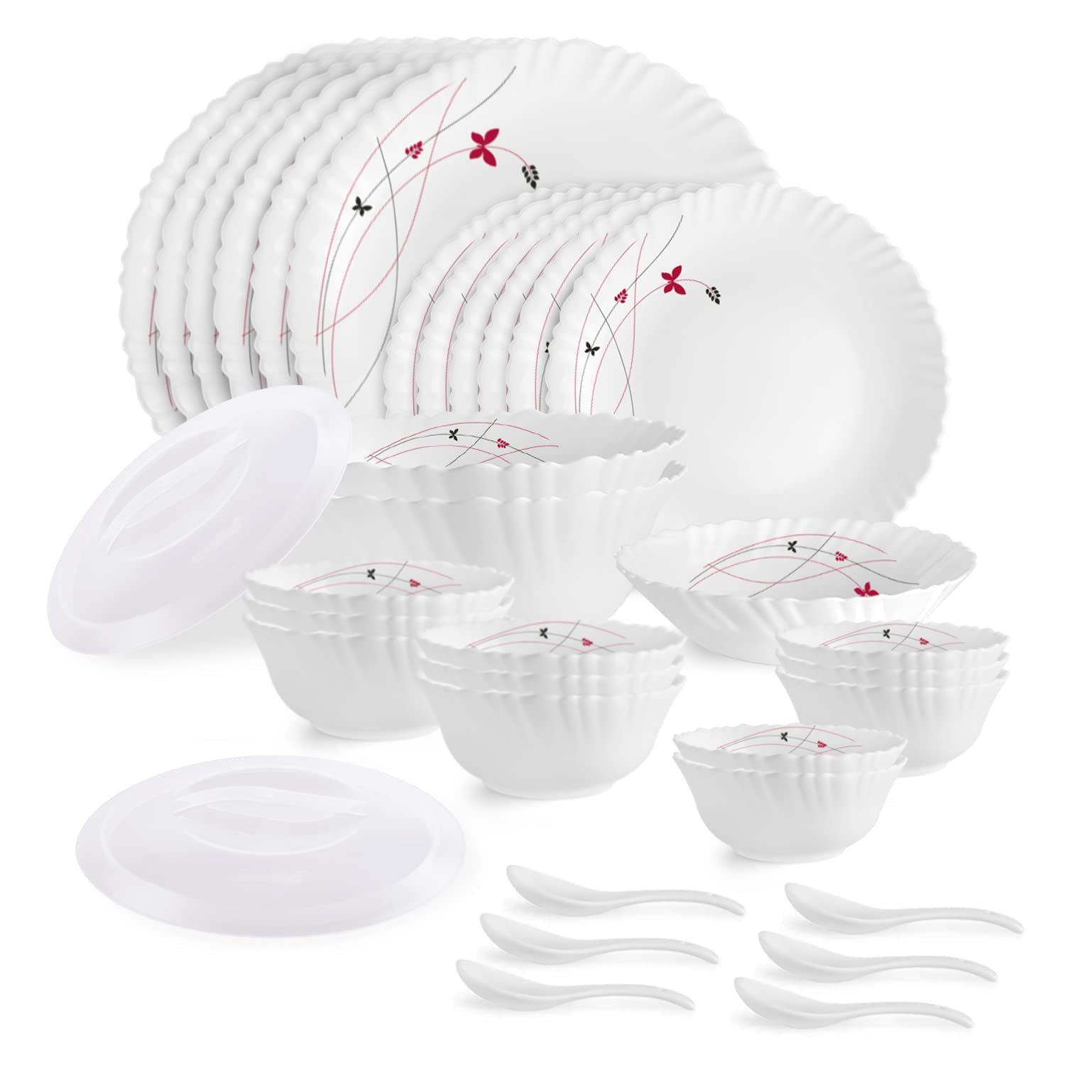 Cello Opalware Dazzle Series Lush Fiesta 35 Piece Dinner Set Serving for 6 | Bone Ash-Free | Lightweight, Elegant White Plates & Bowls Set | Opal Glass Crockery Set for Daily Use Dinning & Gif