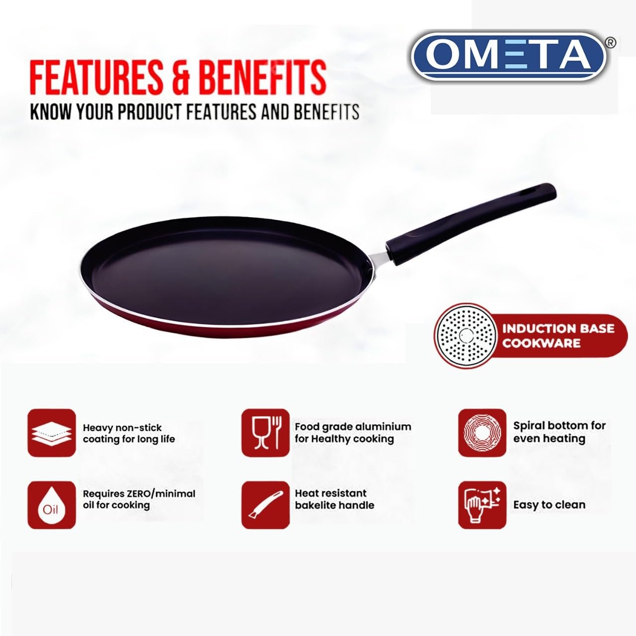 OMETA Aluminium Non-Stick Non-Induction Healthy Dosa Tawa Tawa 26 cm Diameter