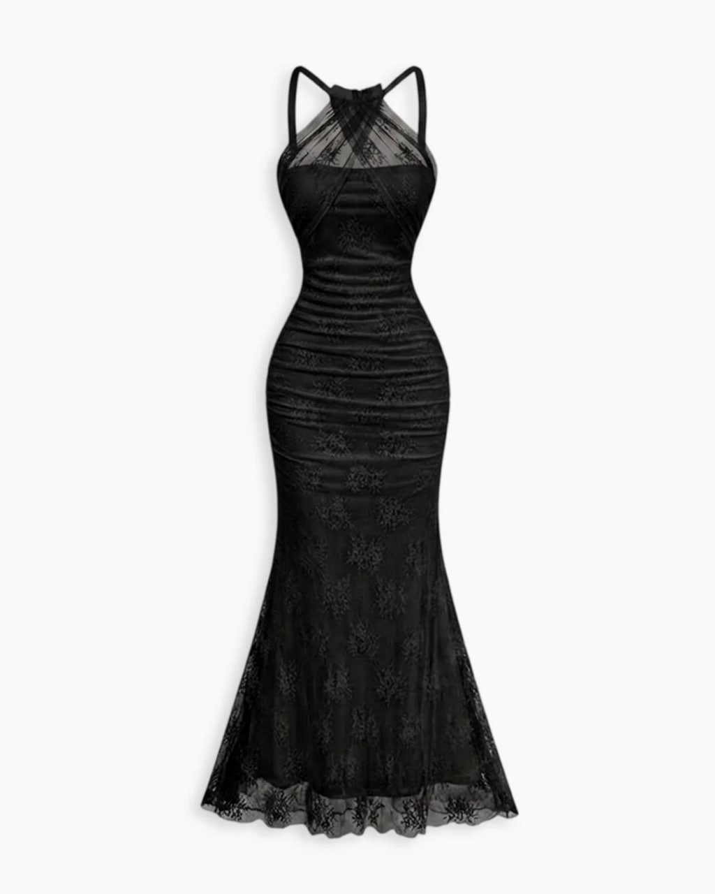 Halter Neck Ruched Mermaid Maxi Dress in Classic Black- Littlebox India