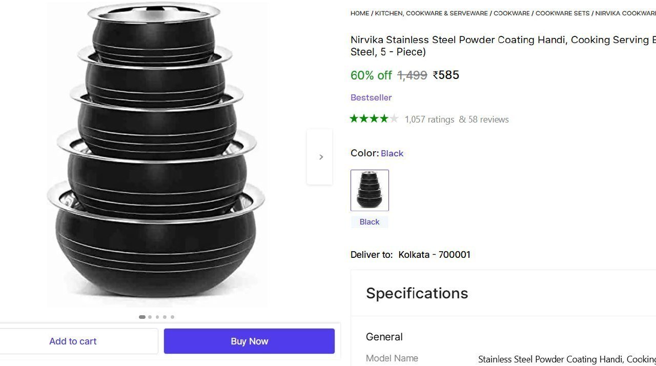 nirvika stainless steel powder coating handi cooking serving bowl black cookware set