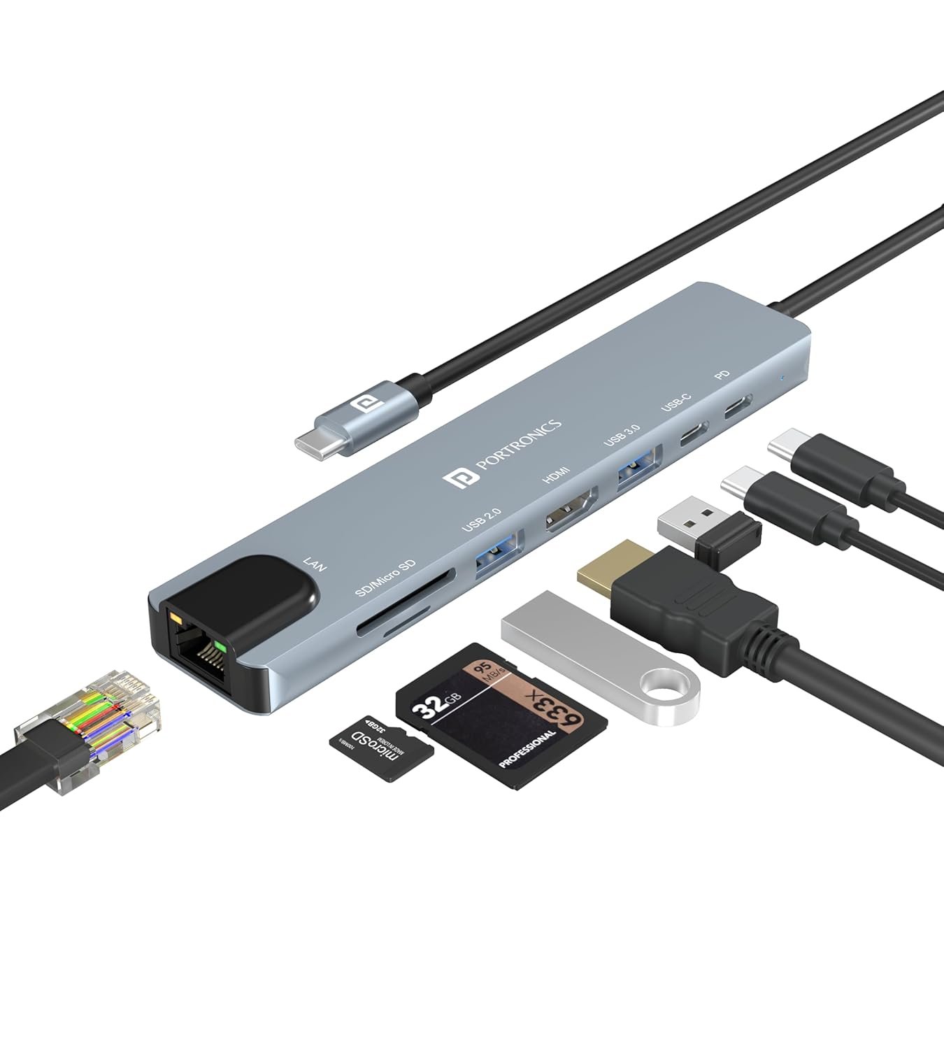 Portronics Mport 8 USB-C USB Hub/Docking Station(8-in-1) with 4K 30Hz HDMI, 100 Mbps Ethernet, USB 3.0, microSD/SD Card Reader, Type-C Data, PD Charging, USB 2.0, Type-C Plug for Laptop, Mac, PC