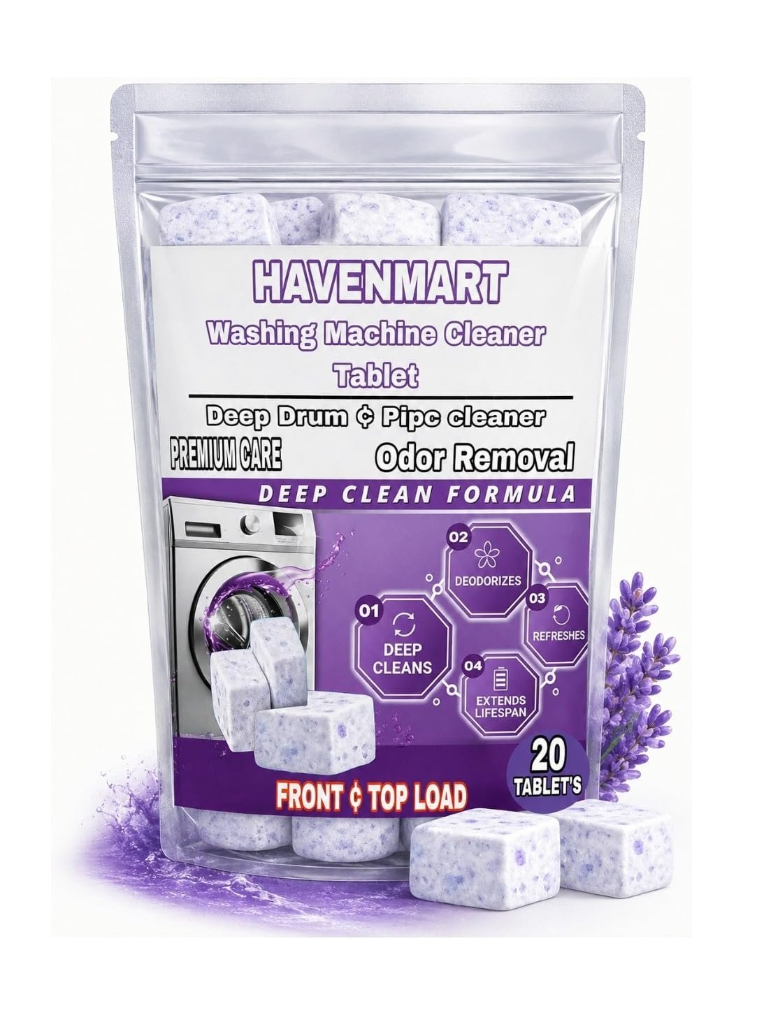 Washing Machine Cleaner Tablets 20 Pcs | Deep Drum & Tub Cleaning | Removes Dirt, Residue, Limescale & Bad Odour | Washing Machine Cleaning Tablets for Front & Top Load Machines (20 pce)