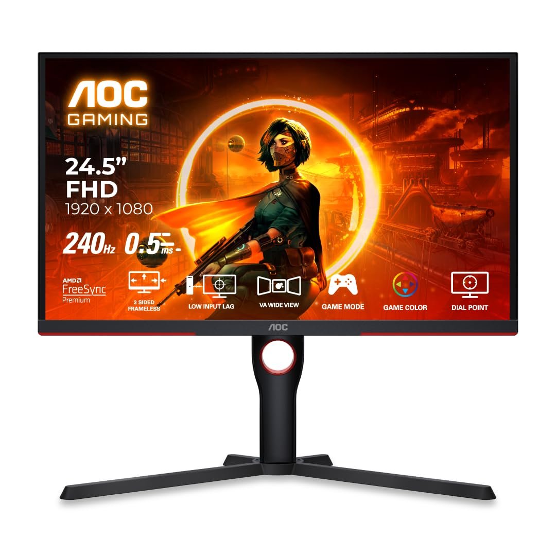 AOC 25G3ZM/BK 24.5" FHD Gaming Monitor, 240Hz Refresh Rate, 1ms GTG Response Time, 6 Game Modes, Freesync Premium, Low Input Lag, ShadowControl, HDMI & DisplayPort