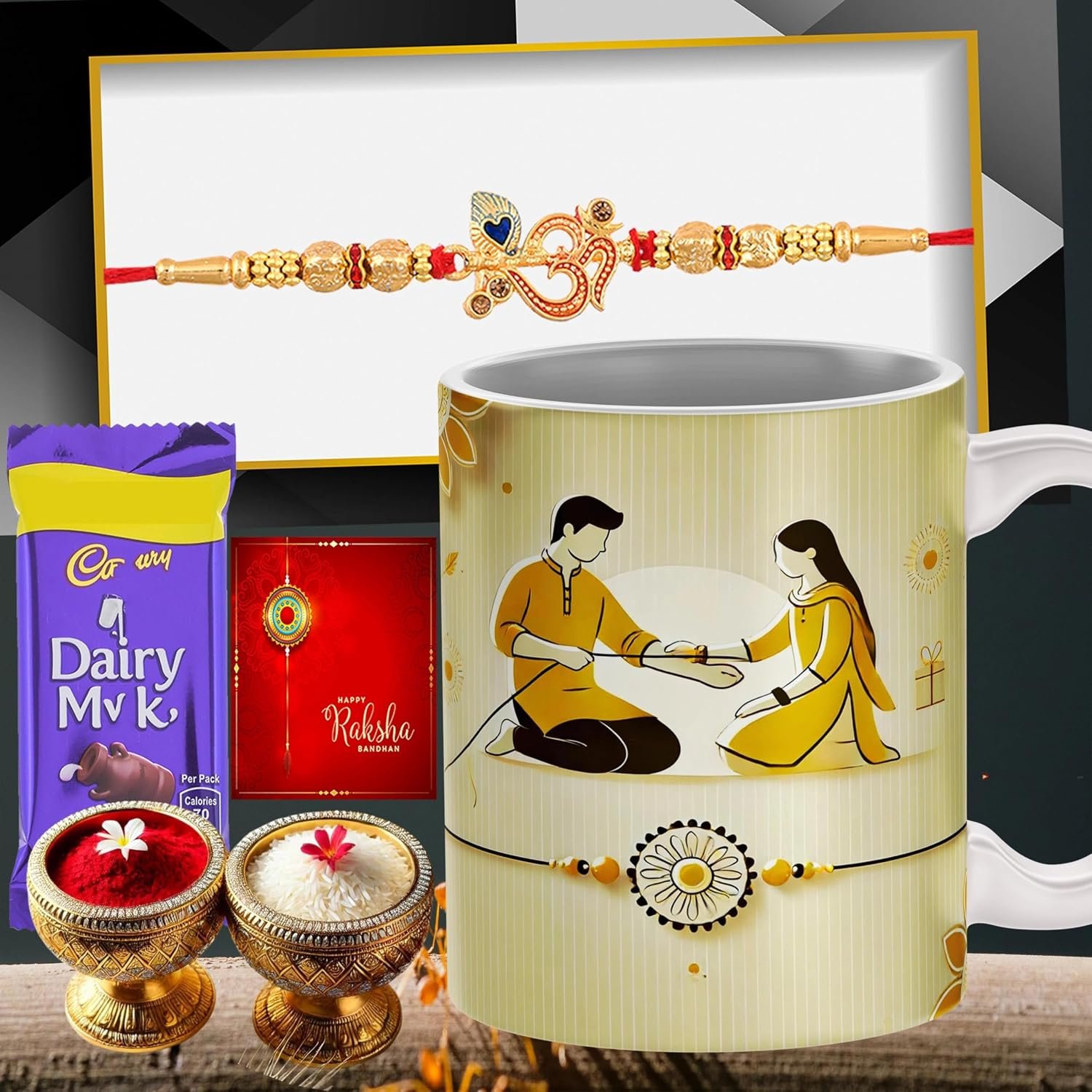 Poorak Religious Mug Chocolate Rakhi Gift Set - 1 Printed Mug, 1 Rakhi for Brother, 1 Chocolate, 1 Greeting Card, 1 Roli Chawal
