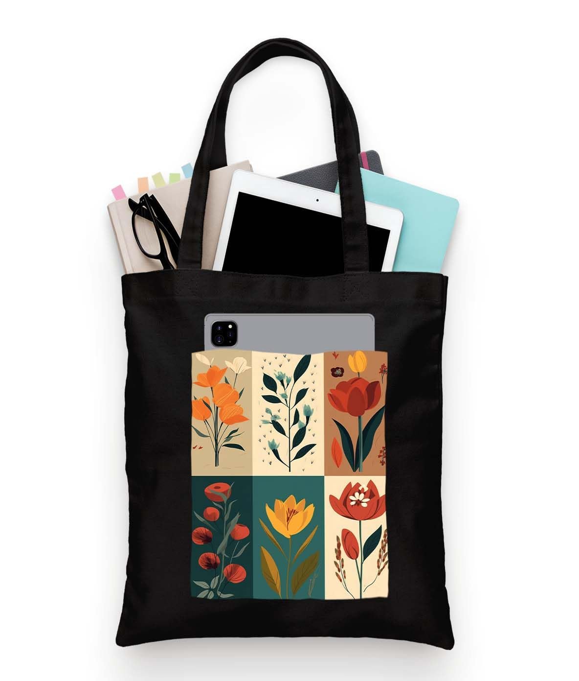 ZORI Black Tote Bag With Pocket Printed Designed Canvas Tote Bags For Women large capacity,Tote bag For Shopping, College, Travel, More Canvas Handbag For Unisex Bag