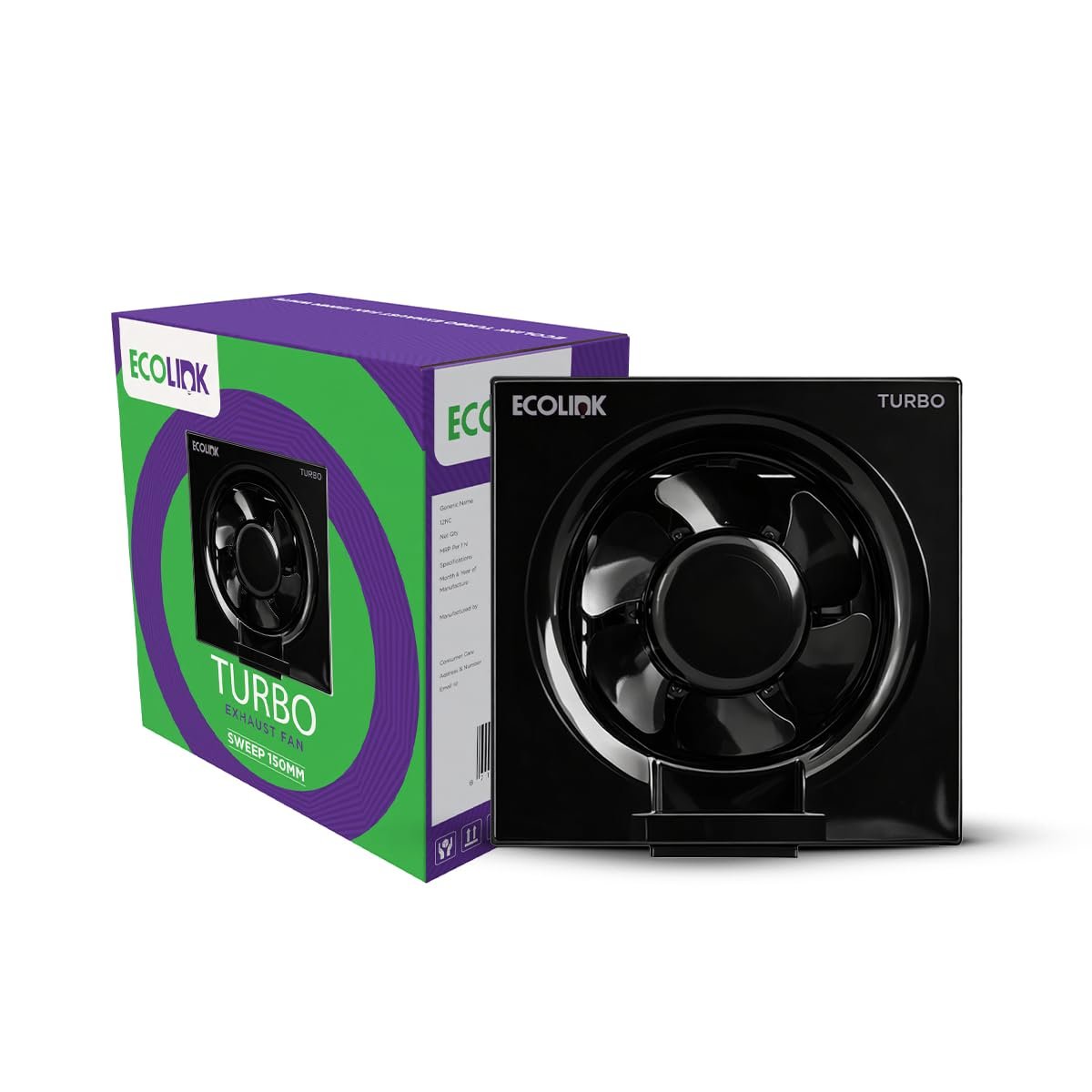 EcoLink TURBO 150mm Exhaust Fan | High-Speed, Powerful Air Suction | Silent Operation | Energy Efficient | Durable Plastic Body | Suitable for Kitchen, Bathroom & Office | Black | Pack of 1