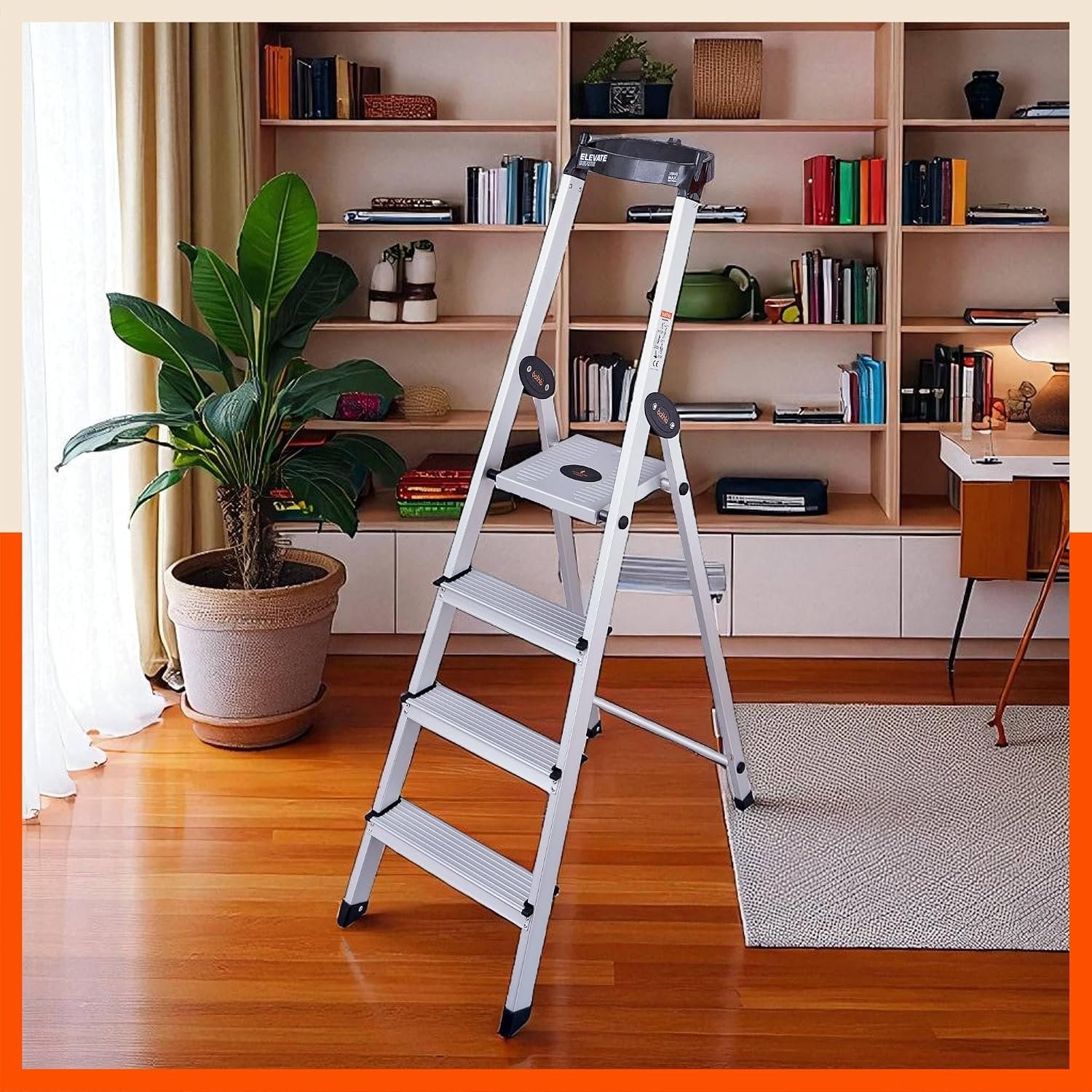 Bathla Elevate 4-Step Foldable Aluminium Ladder for Home with Tool Tray | Anti-Skid | Durable, Heavy Duty, Safe & Stylish | 5-Year Warranty | Black