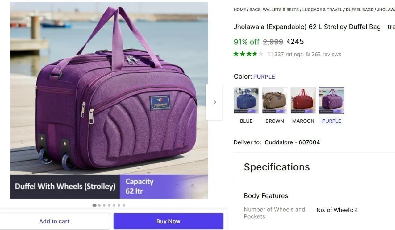 jholawala expandable 62 l strolley duffel bag travel luggage purple large capacity wheels strolley