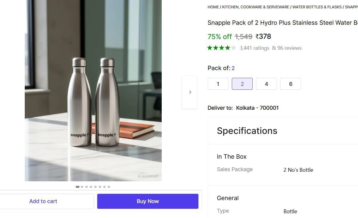 snapple pack 2 hydro plus stainless steel water bottle single wall isi certified 1000 ml