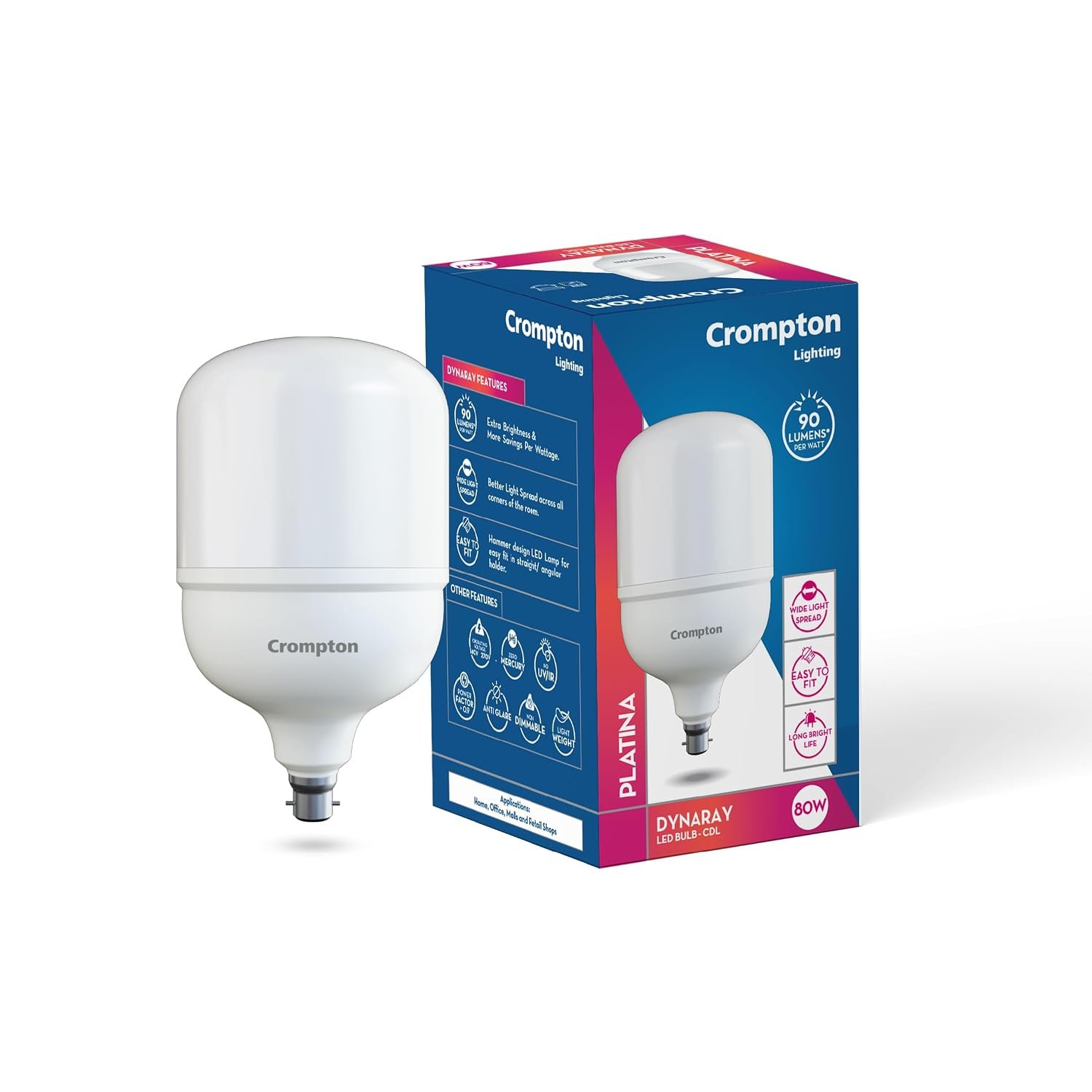 Crompton Dynaray 80W LED Bulb | Anti Glare | Wide Light Spread | Upto 15 Years Life | Eye friendly | Operating Voltage 140–270V | Easy Fit Hammer Design | B22 Base | Home & Commercial | Pack of 1