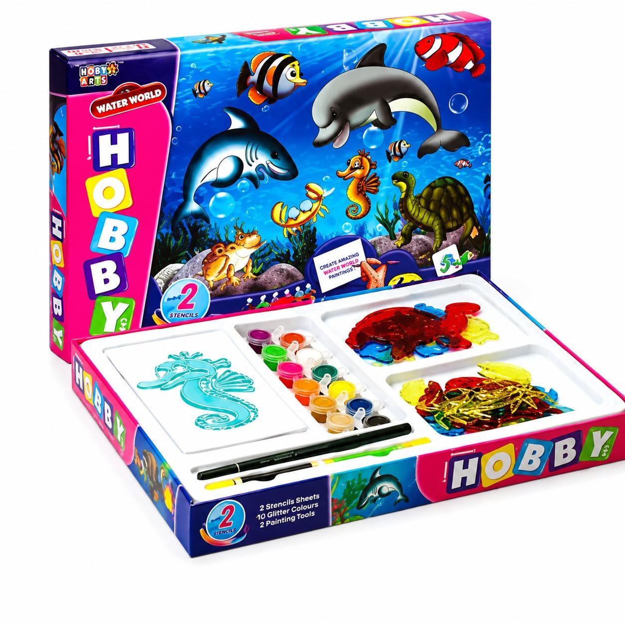Negi Hobby Arts Senior Water World Stencil Art & Craft Kit with Glitter Colors | Reusable Ocean Theme Drawing Stencils, Creative DIY Activity Set for Kids Ages 5+