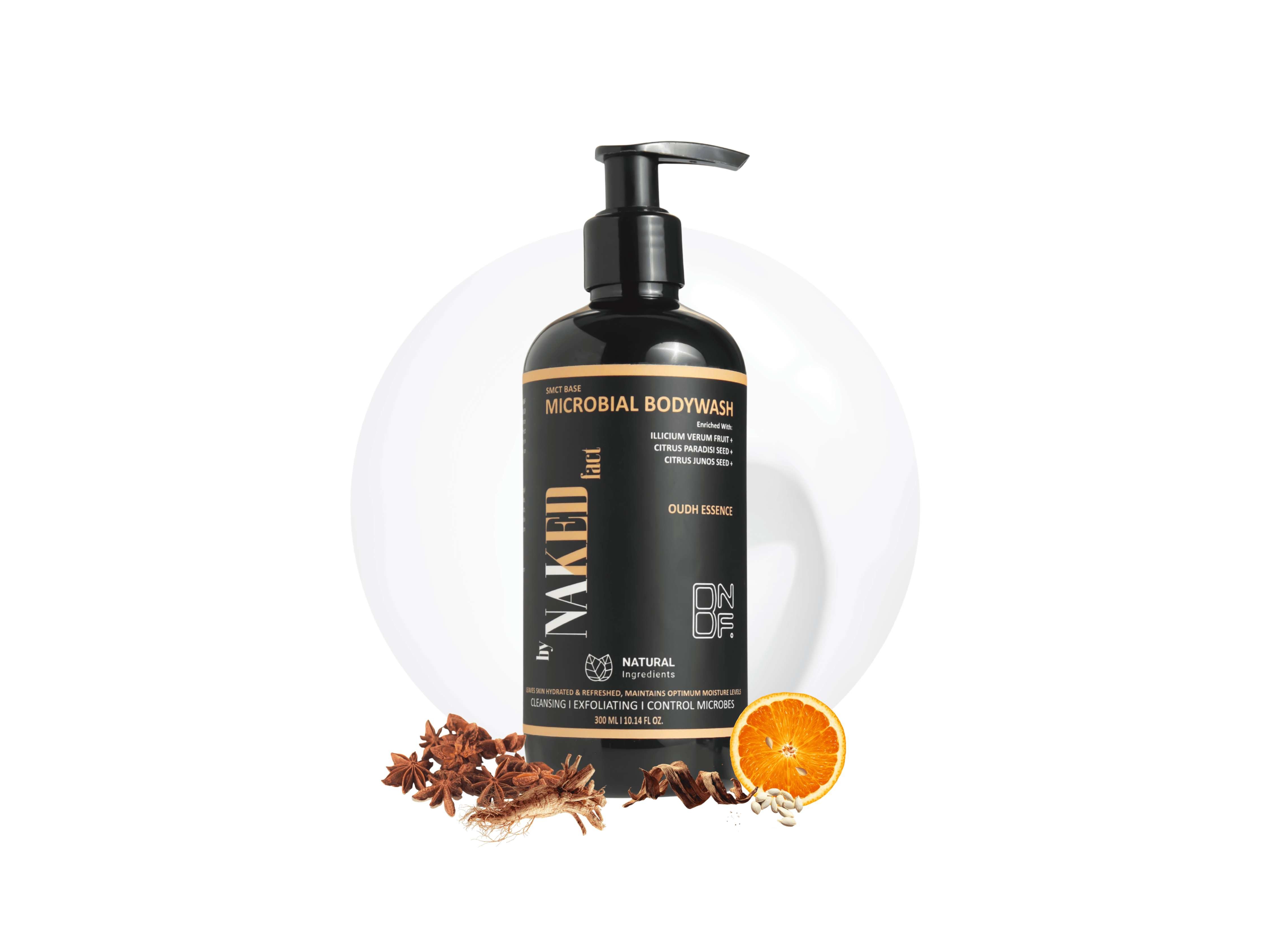 By NAKED fact SMCT Base Microbial OUD Unisex Body Wash | Refreshing Shower Gel for Deep Cleansing, Exfoliating, Hydrating, Moisturising, Softer & Smoother Skin Infused with Citrus paradisi seed, Illic