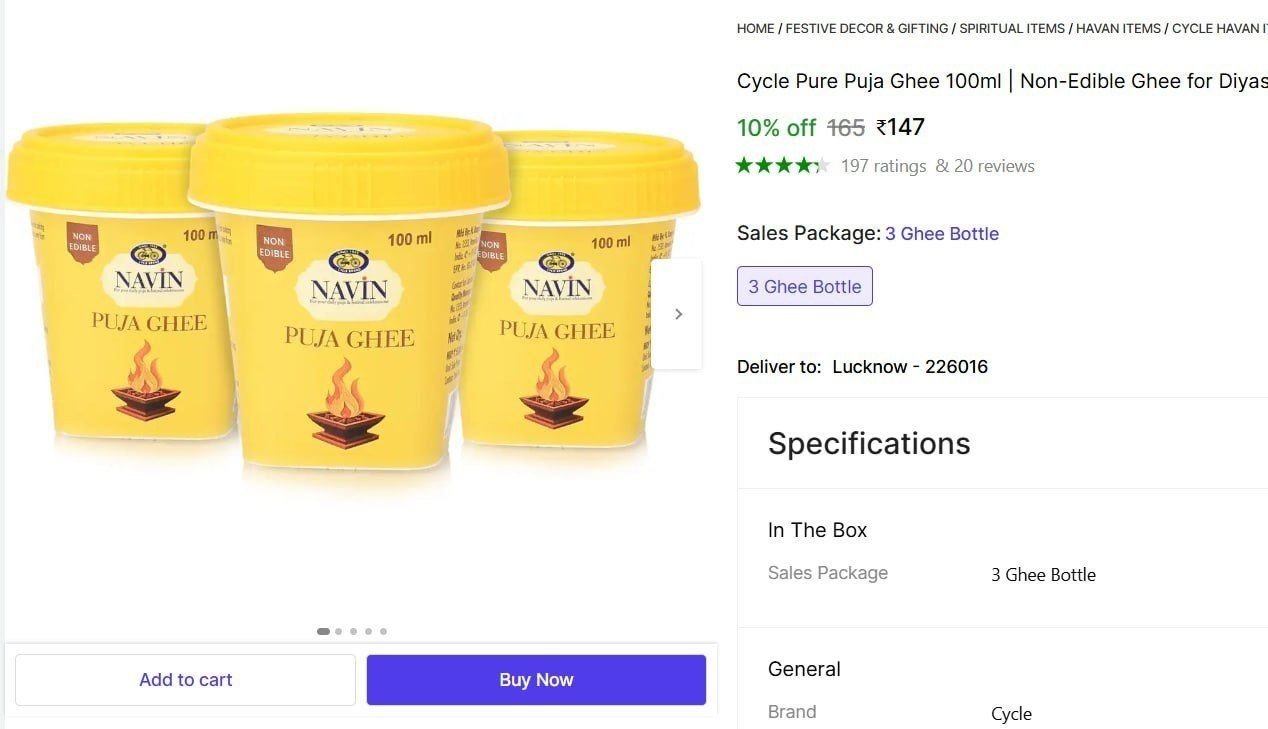 cycle pure puja ghee 100ml non edible diyas aarti rituals pack 3