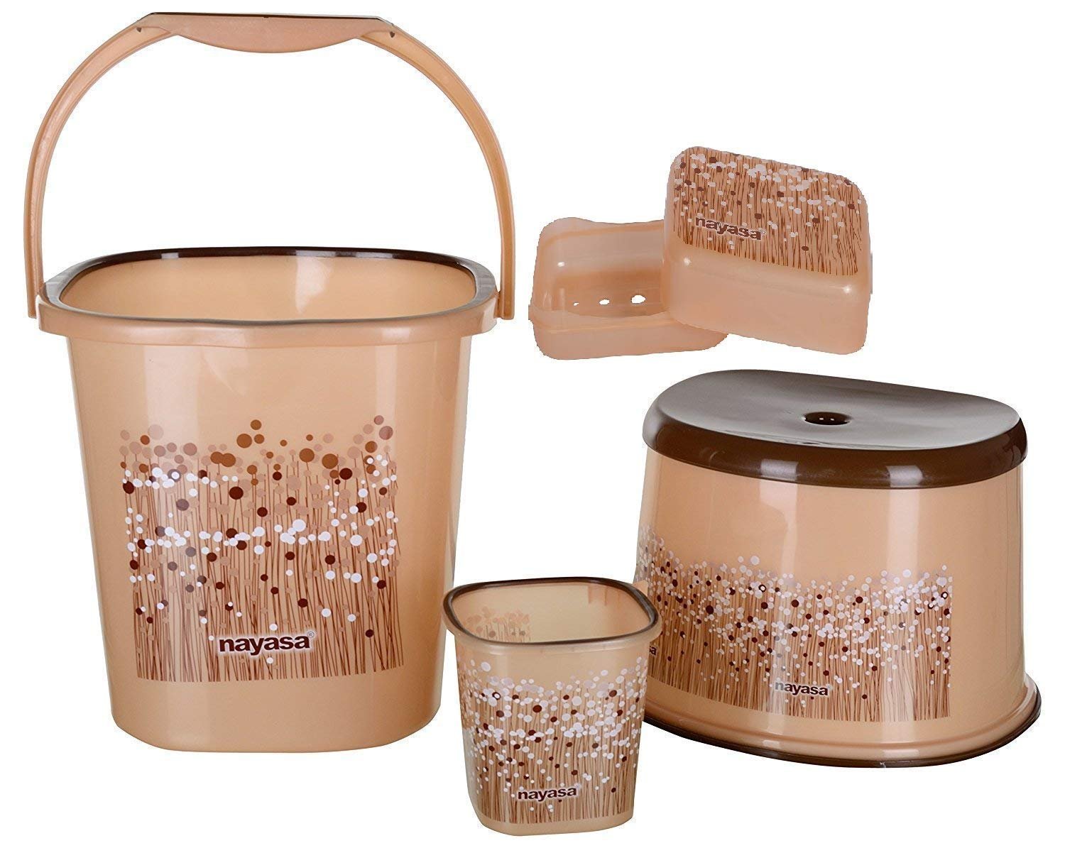 Nayasa Funk Bathroom Set 4-Pieces - Bucket (25 litres) with Mug (1.5 litres), Stool & Soap Case, Brown | Bathroom Accessory Set(Plastic)
