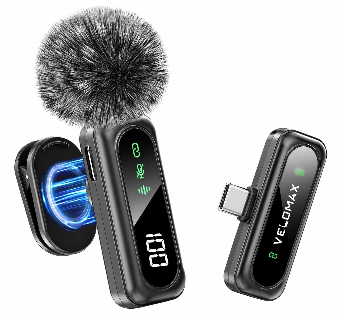VELOMAX Mic for YouTube Wireless, Wireless Mic for YouTube with One-Click Noise Cancellation, Microphone for Vlog Recording, Magnetic Clip-on Mic with Battery Display, 98ft Transmission for Youtuber