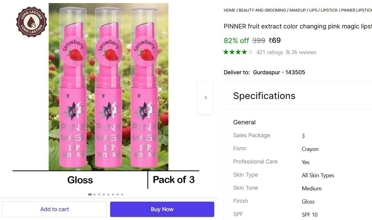 pinner fruit extract color changing pink magic lipstick combo pack 3