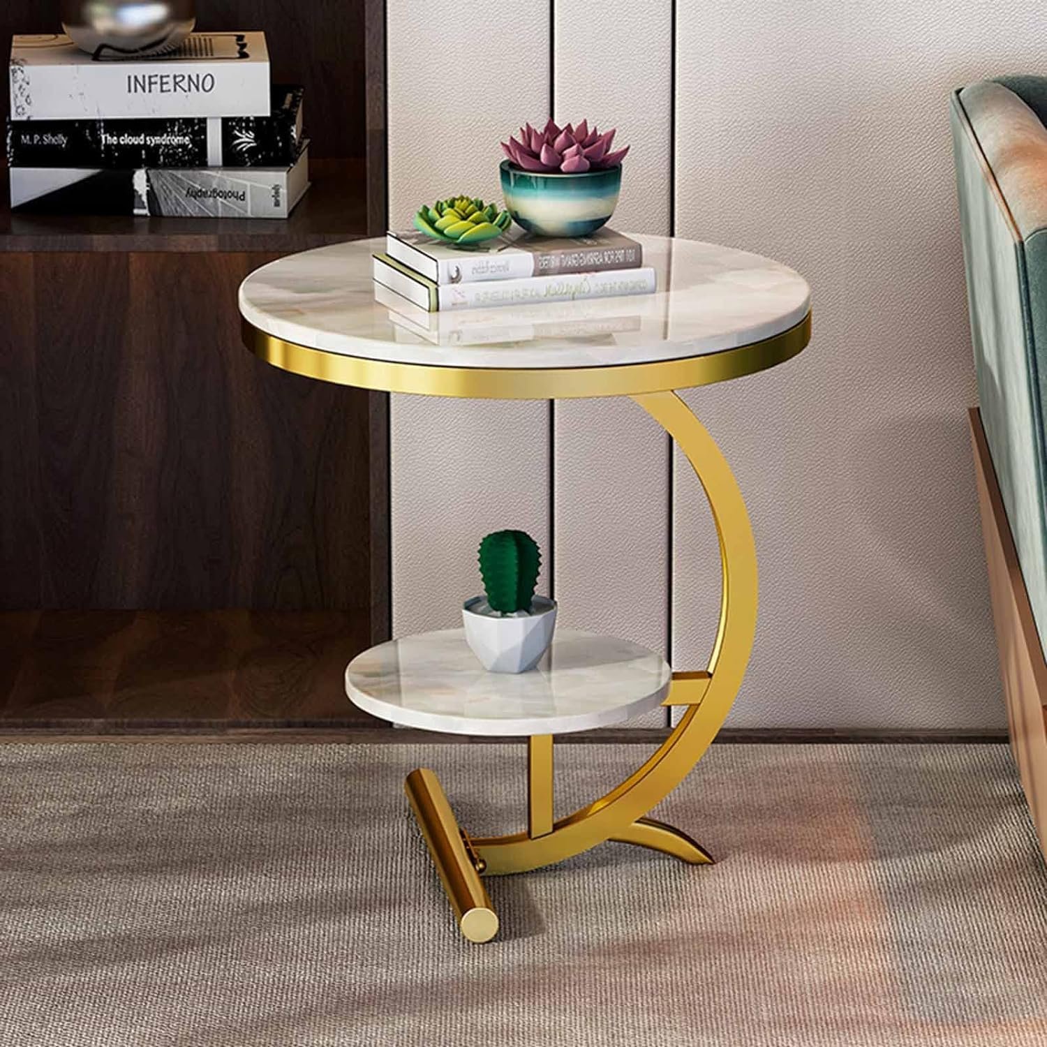 NEST NATURE HAVEN Wood 2 Tier Round Coffee Table Nightstand Bedside Telephone Table With Storage, End Table Sofa Side Corner Table For Living Room Bedroom Small Spaces, Golden And White