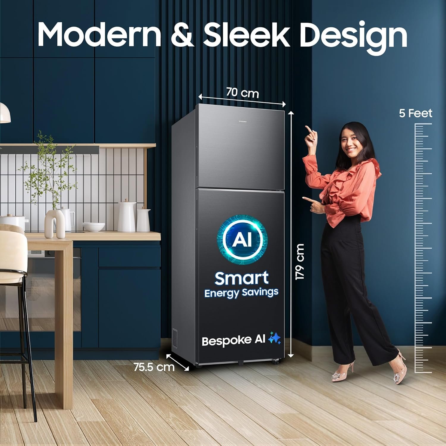Samsung 419 L, 3 Star, Convertible 5-in-1, Digital Inverter, Frost Free Double Door, Bespoke AI WiFi Refrigerator (RT45HG6A43B1HL, Black DOI, 2026 Model)