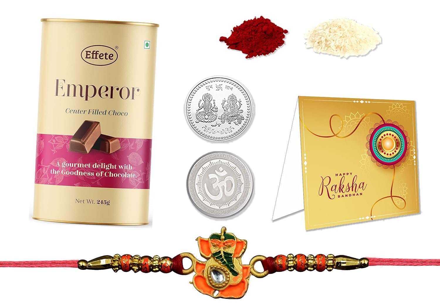 DeoDap Multicolor Bracelet/Rakhi Colorfull Gold Art with Chocolate, Silver Pooja Coin, Tilak Set, Greeting Card - Rakhi Gift for Brother
