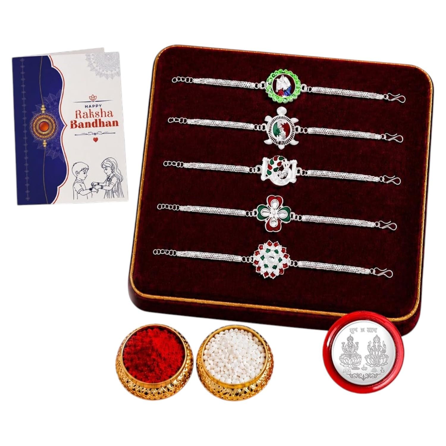 Oblivion Rakhi for Brother Set of 5 – Raksha Bandhan Gift Combo with Stylish Bracelet Rakhi, Roli Chawal, Silver Color Pooja Coin & Greeting Card for Brother, Traditional Festival Celebration for 