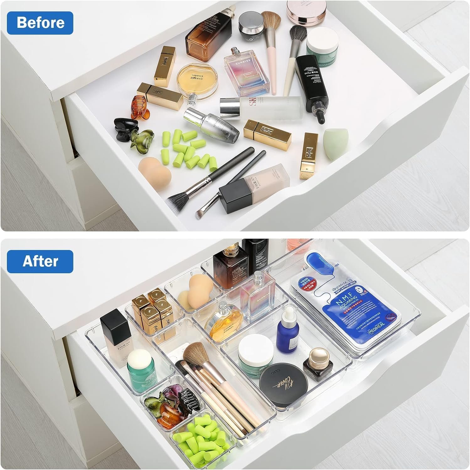 Arto Clear Transparent Acrylic Drawer Organizer Set with Various Size for Bathroom,Bedroom Dresser,Cosmetics Makeup,Kitchen Utensil,Office,Stationery,Drawer Tray Dividers,Vanity Trays (Pack of 16)