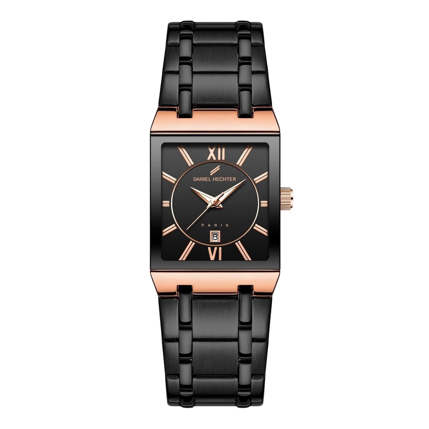 Daniel Hechter Paris Gallieni Collection Vintage Analog Watch for Men - Rectangular Dial with Roman Numerals, Date Display and Brushed Stainless Steel Strap