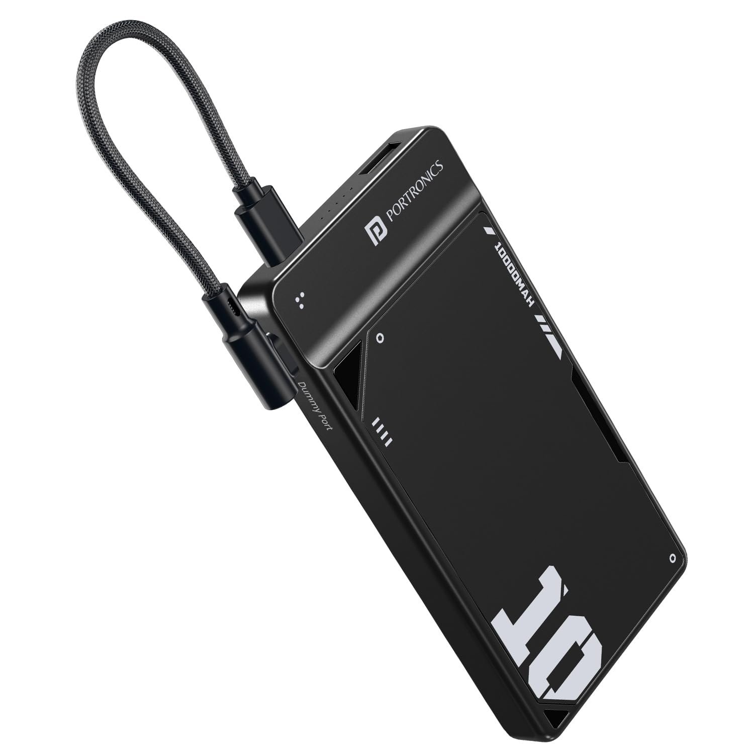 Portronics Luxcell Uno 10K 10000 mAh 22.5W Fast Charging Power Bank with Detachable Type C Cable, Ultra Slim Power Bank with Mach USB-A Output, Type C PD Output, Type C Input, Wake Up Button(Black)