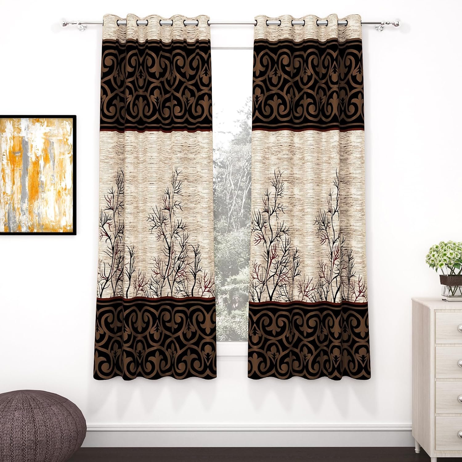 Window Curtains 5 Feet Long Set of 2 | Light Filtering Curtains for Window | Abstract Design, Polyester Curtain and Drapes for Living Room | (118 x 152 cm, Cream & Brown)