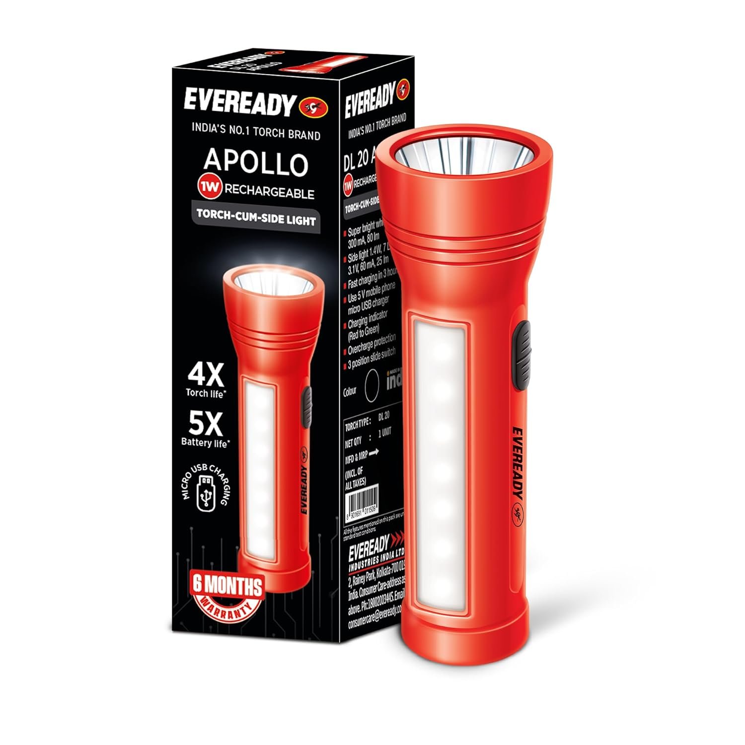 EVEREADY Apollo DL20, Rechargeable 1W Torch Cum 1.4W Emergency Sidelight