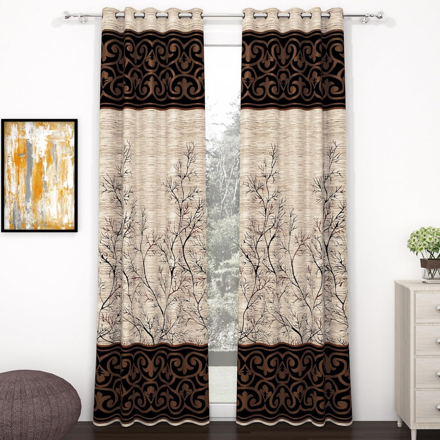 Door Curtains 7 Feet Long Set of 2, Cream & Brown, Floral Print Door Curtain | 118X215cm | Aesthetic Curtains | Door Curtains for Living Room, Bedroom, Halls | Perfect for Home Decor