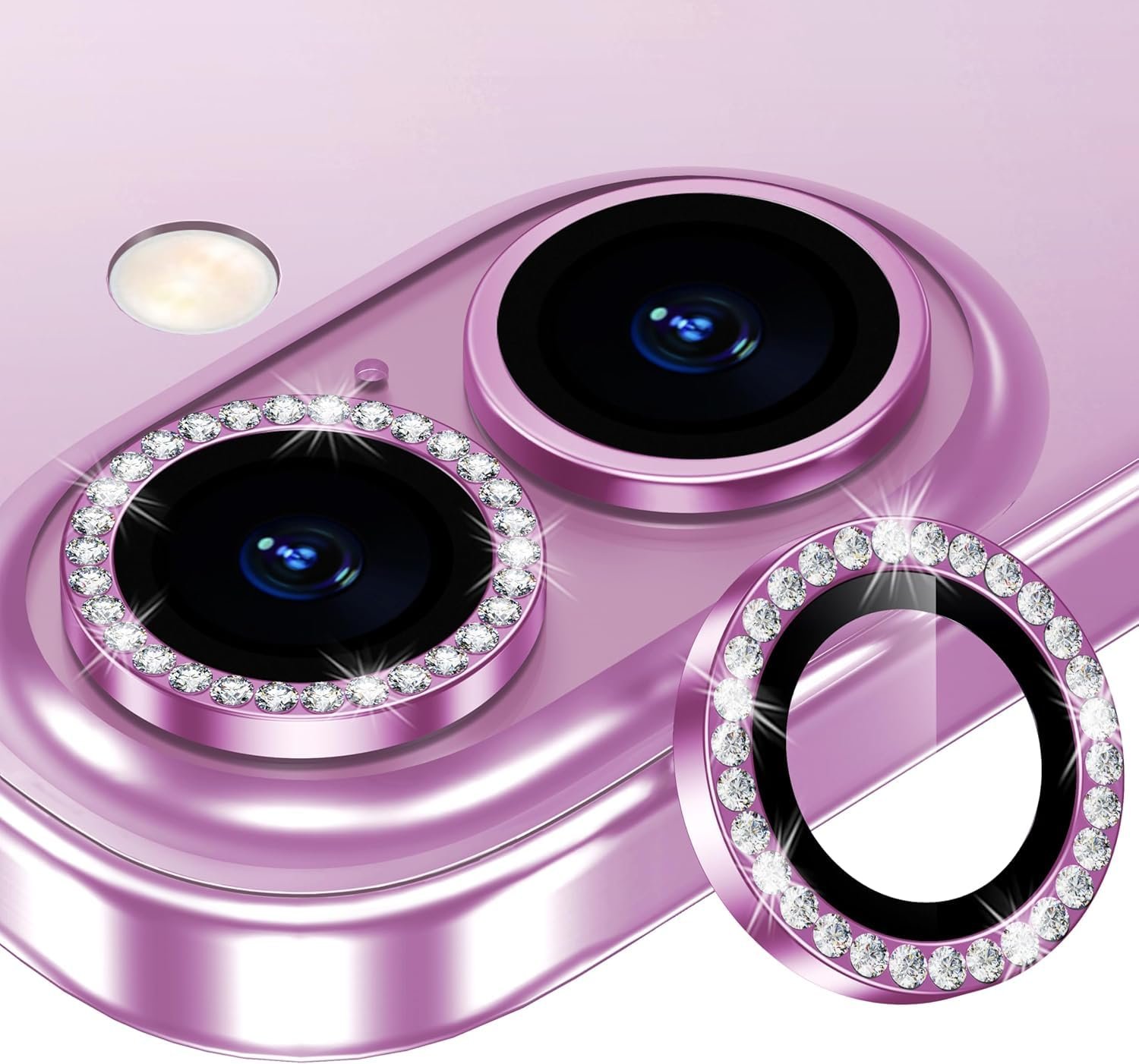 CLITZ Camera Lens Protector for iPhone 16 and 16 Plus, Bling Individual Metal Diamond Ring, 9H Hardness Scratch Resistant Camera Lens Guard, Case Friendly, Pink Diamond