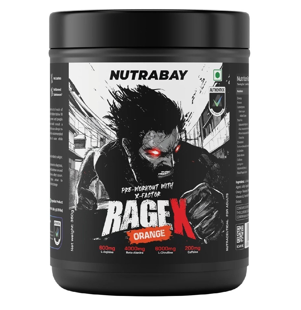 Nutrabay RageX Pre-Workout | L-Citrulline, Beta-Alanine, Caffeine & Black Pepper Extract | Energy, Focus & Pump ( 360 g (0.79 lb), Orange) | NUTRABAY™