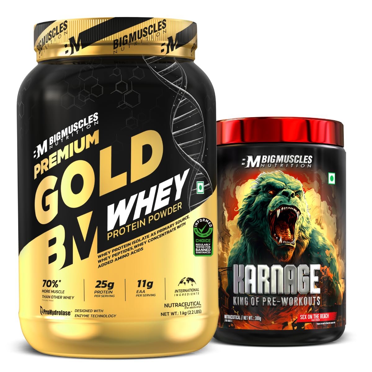 Bigmuscles Nutrition Karnage Pre-Workout (Sex On The Beach, 60 Servings) and Premium Gold Whey (1kg, Rich Chocolate) Combo