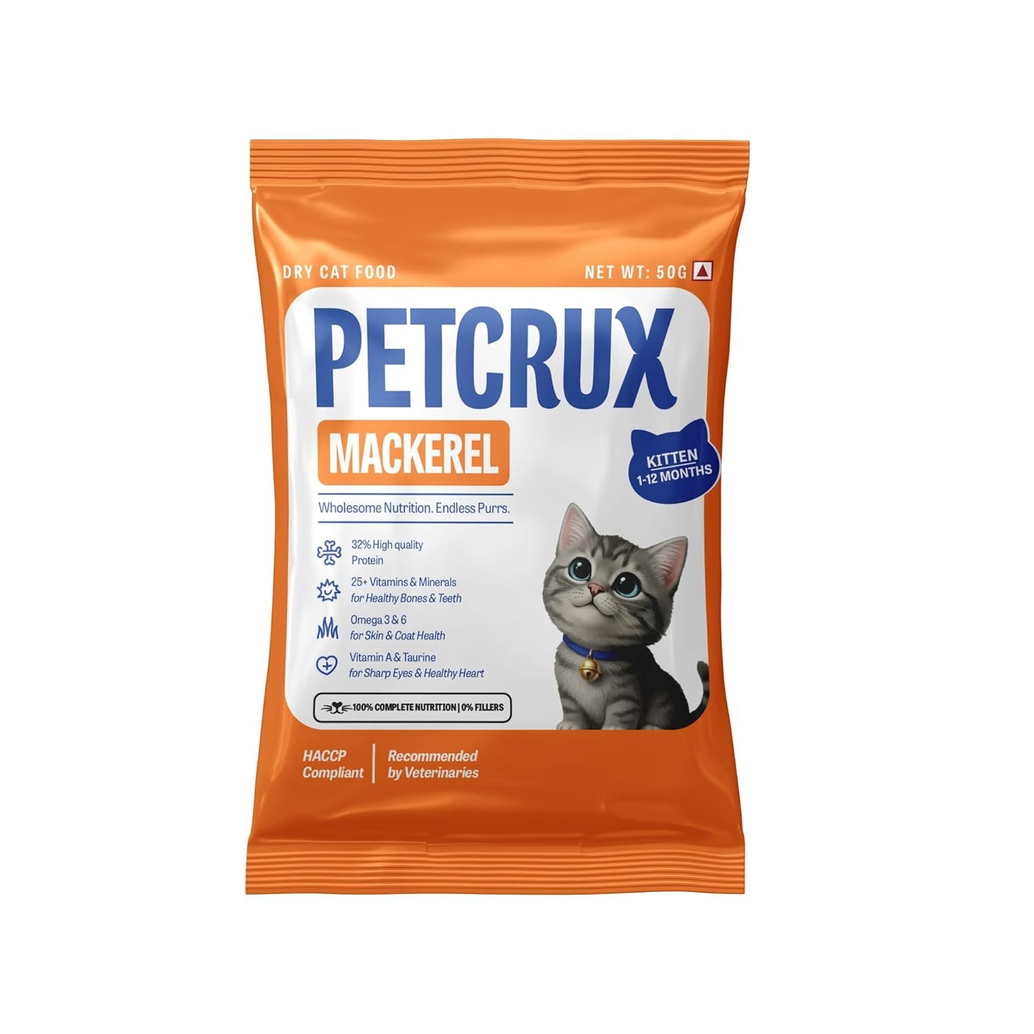 Petcrux Dry Kitten Cat Food, Mackerel Fish Flavor, with Omega 3 & 6 and Taurine, Complete & Balanced Nutrition for Growing Kittens, Trial Pack 50 g