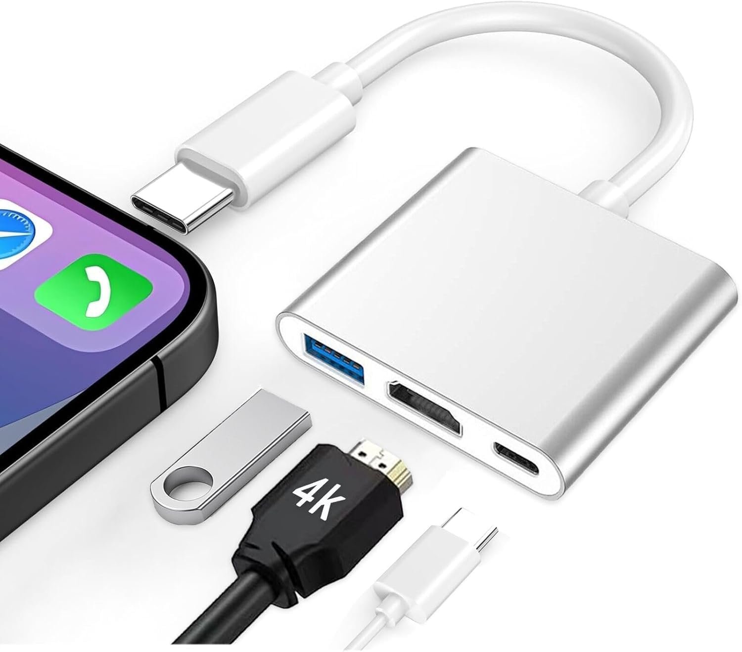 Atevon USB C to HDMI Adapter 4K, 3-in-1 USB 3.1 Type-C to HDMI + USB 3.0 + PD Charging Hub, Digital AV Multiport Converter for MacBook Pro, iPad Pro, Samsung S23/S24, Nintendo Switch