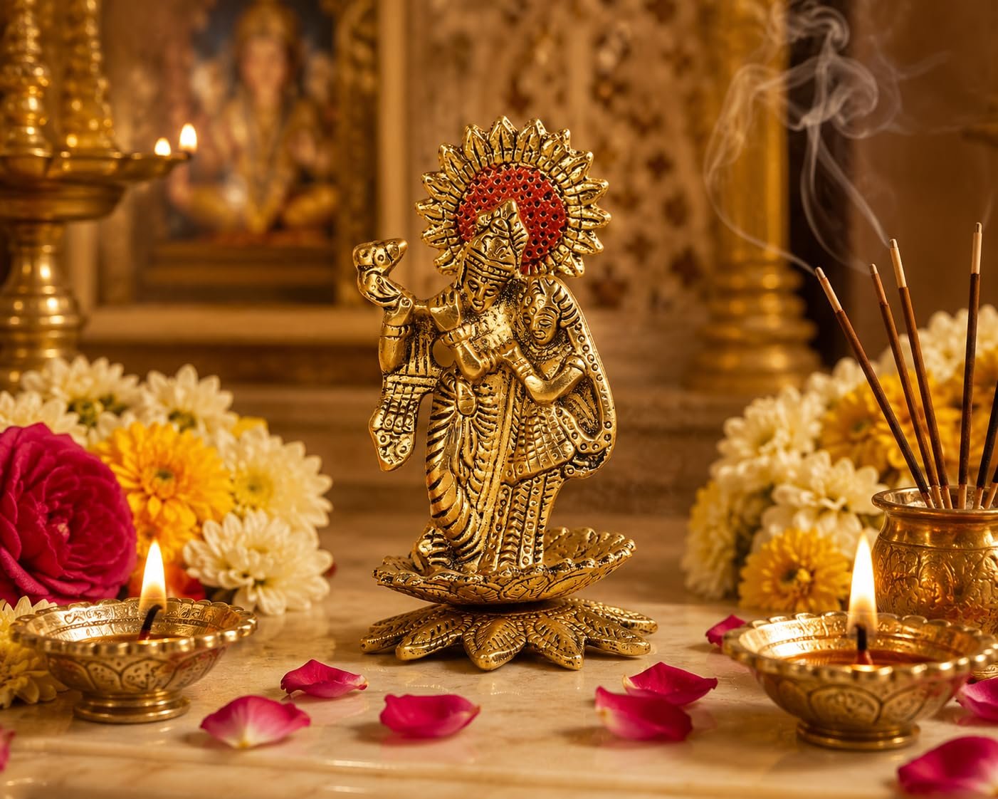 Radha Krishna Idol for Home Decor, Gold Finish Radha Krishna Murti, Standing Couple Statue for Temple, Pooja Room, Office Desk, Diwali, Janmashtami, Housewarming Gift