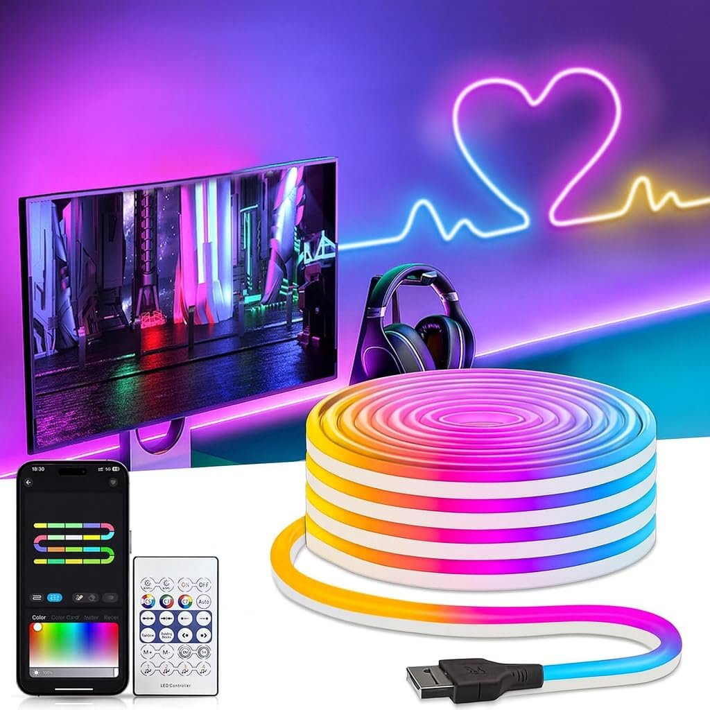 Gesto 5V RGB Neon LED Strip Light 5 Meter – Mobile App & Remote Controlled Neon Rope Lights | USB Powered Waterproof Strip for Room Decor, Gaming Setup, DIY Neon Signs, Party & Diwali Decorati