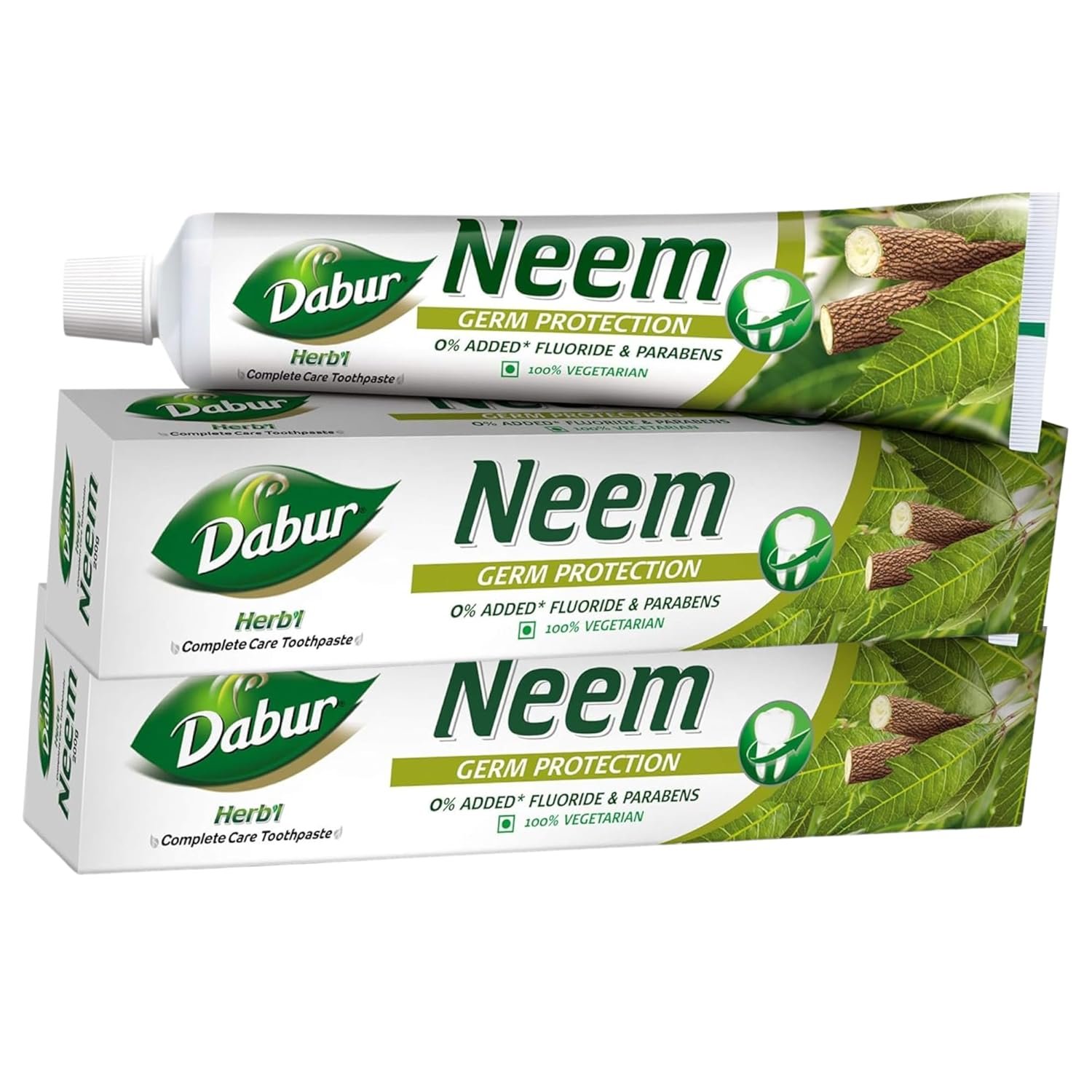 Dabur Herb'l Neem Germ Protection Toothpaste - 600g (200g + 100g x Pack of 2) | Fights Bacteria | No Added Flourides & Parabens | Complete Oral Care