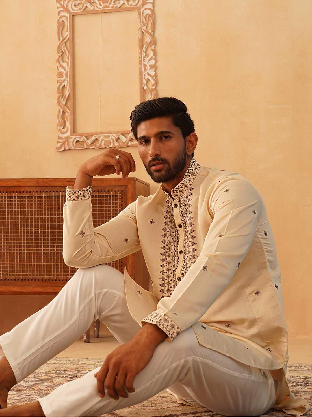 Buy Jompers Floral Embroidered Sequinned Straight Kurta With Pyjamas -  - Apparel for Men