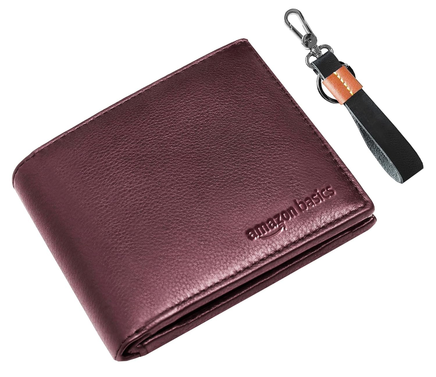 amazon basics Genuine Leather Wallet, Keyring in Gift Box Packaging- Classic Men's Gifting Combo (Brown)