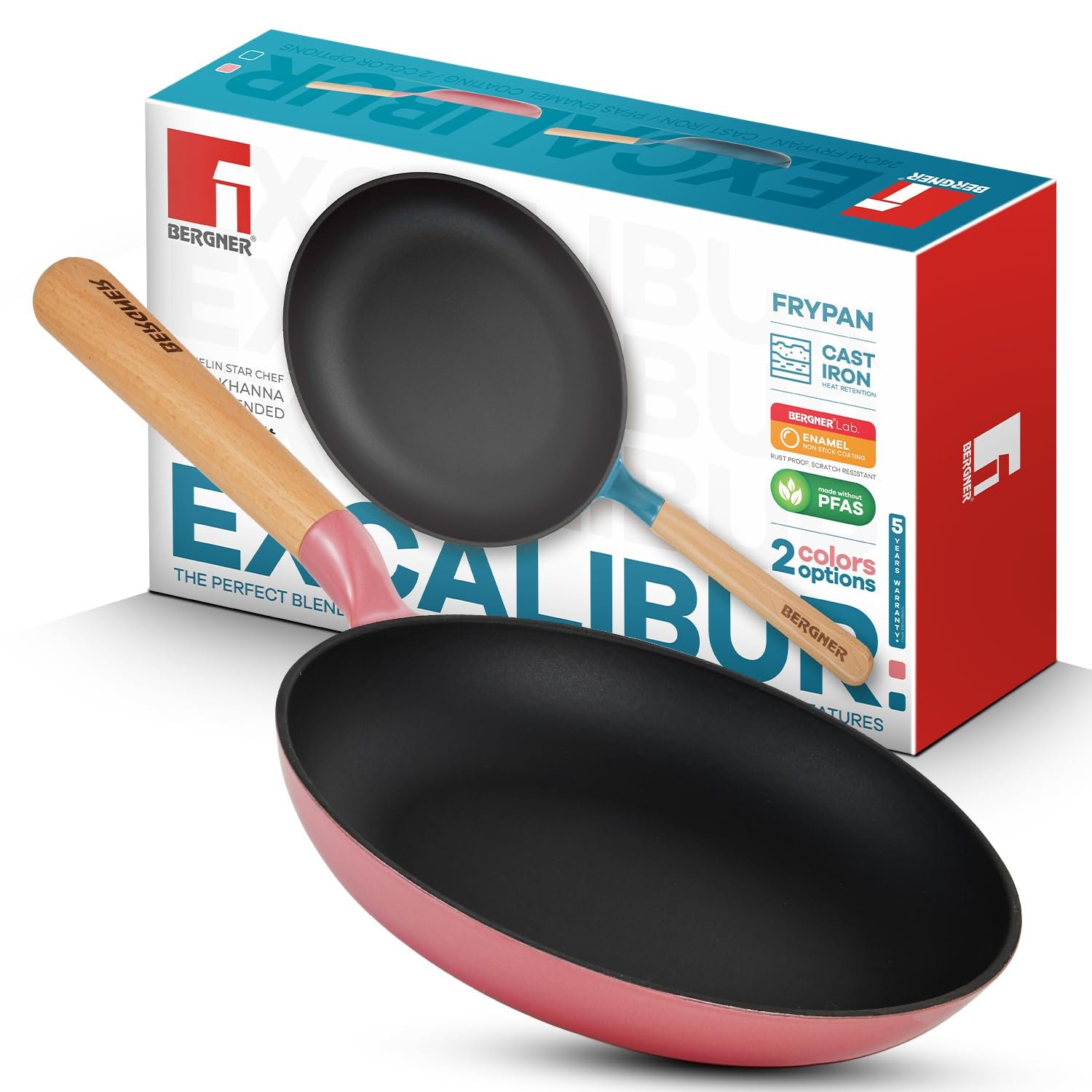 BERGNER Excalibur Lightweight Cast Iron Frypan 18cm, Sturdy Wooden Handle, Non-Stick Coating, PFAS Free, Perfect Heat Distribution, Elegant Design - Induction and Gas Stove Ready (Pink)