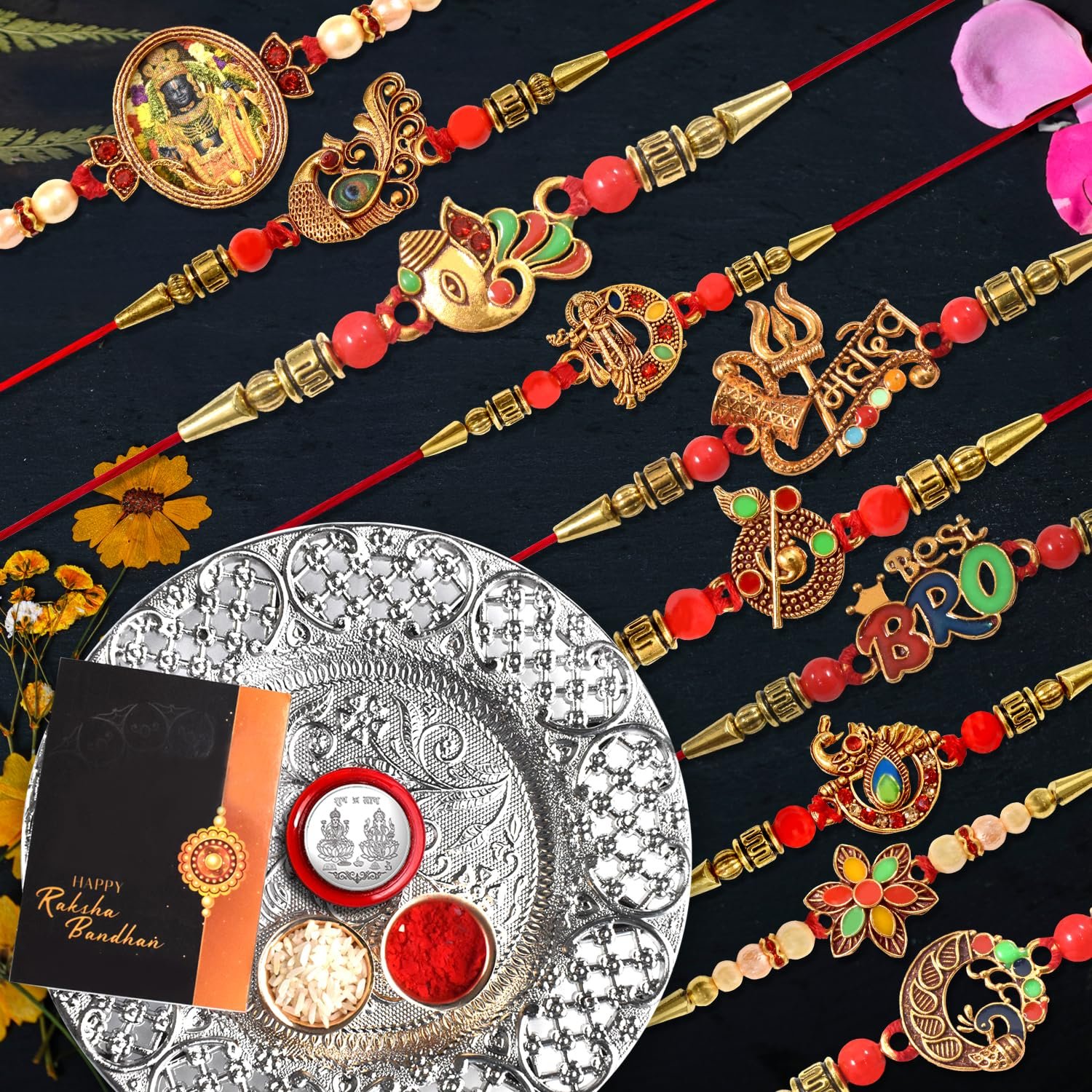 Oblivion Pooja Thali with Rakhi Set for Brother – Rakhi for Brother Set of 10, Traditional Rakhis Set for Bhai with Silver Colour Pooja Coin & Greeting Card – Raksha Bandhan Gift Combo 2026
