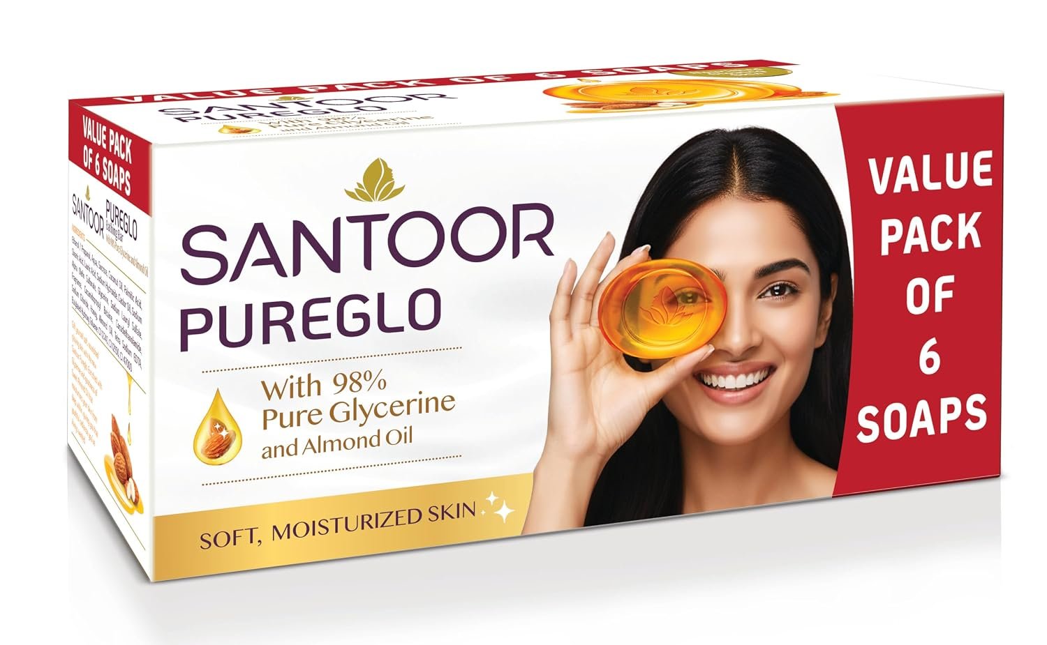 Santoor PureGlo Glycerine Soap with Almond Oil and Glycerine, 125g (Pack of 6) for Nourished Glowing Skin