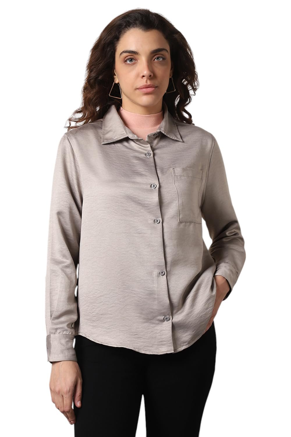 High Star Women Boxy Spread Collar Long Sleeves Solid Shirts 43