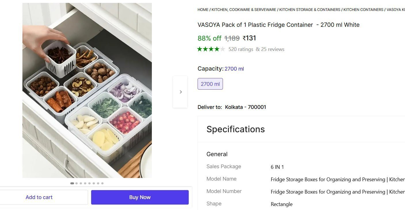 vasoya pack 1 plastic fridge container 2700 ml white
